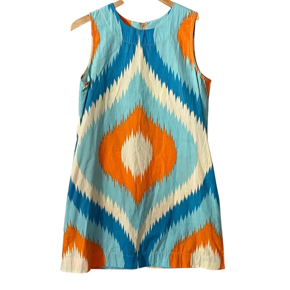 Olivia James The Label Blue Orange Ikat Diamond Cotton Shift Dress Sz XS Pockets